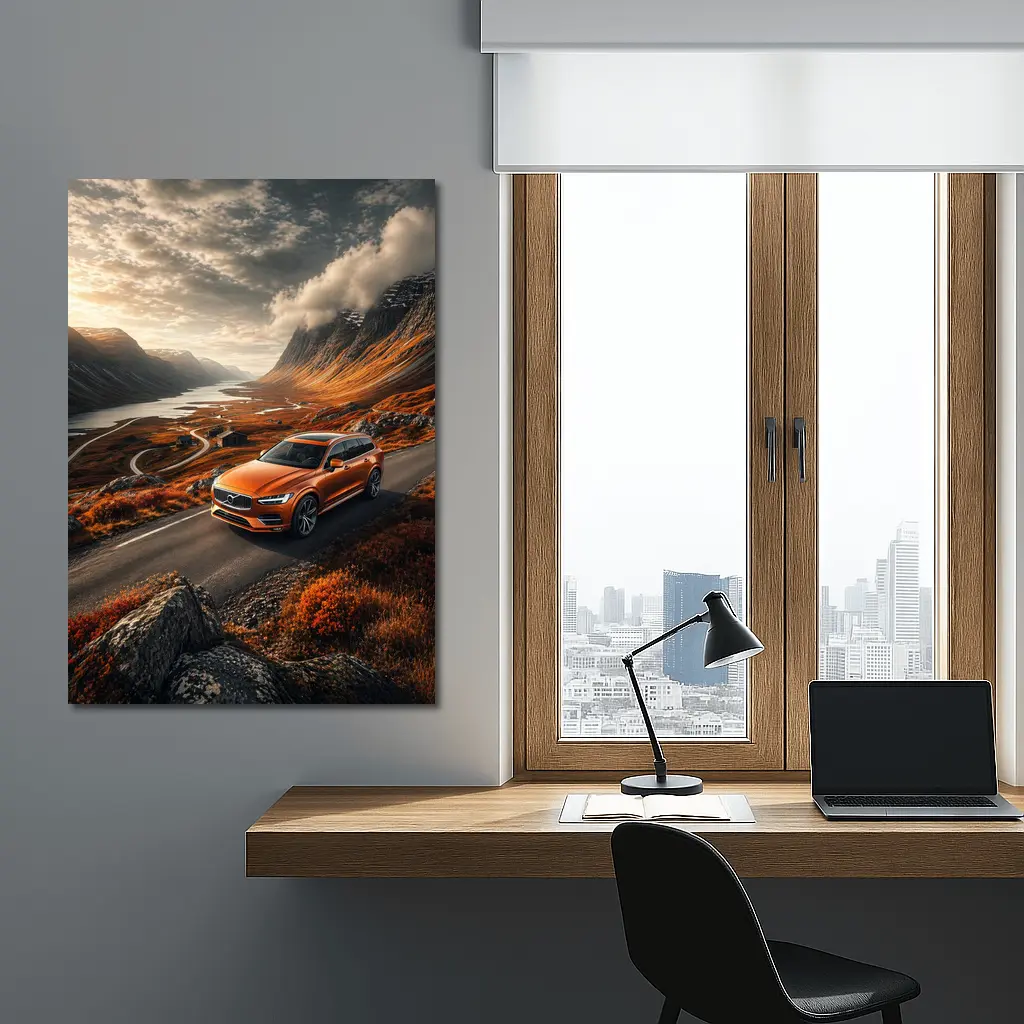 Volvo V90 Orange SUV Mountain Valley Road – Wall Art