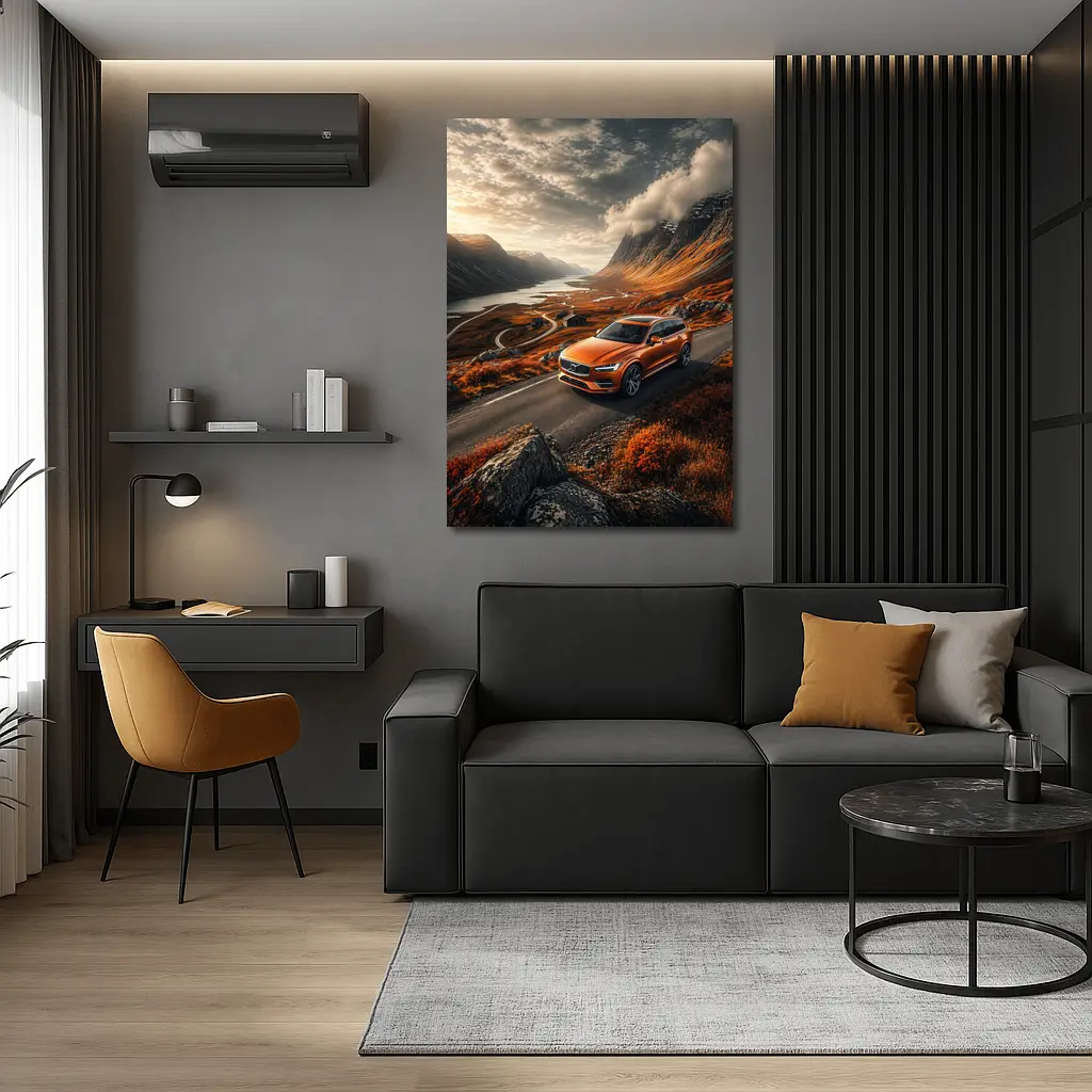 Volvo V90 Orange SUV Mountain Valley Road – Wall Art