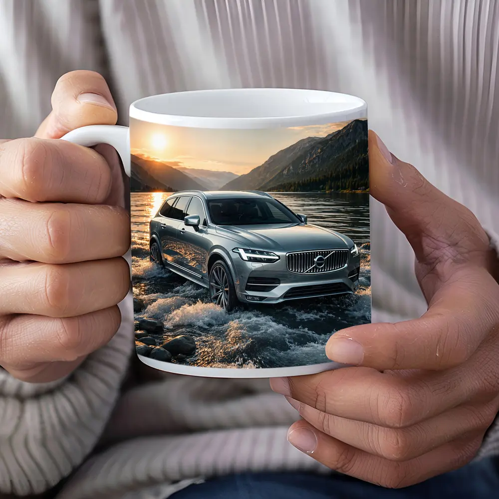 Volvo V90 Crossing River at Sunset – Mugs