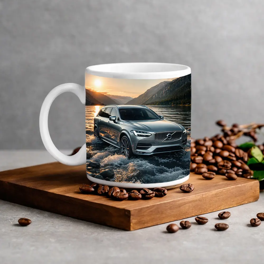 Volvo V90 Crossing River at Sunset – Mugs