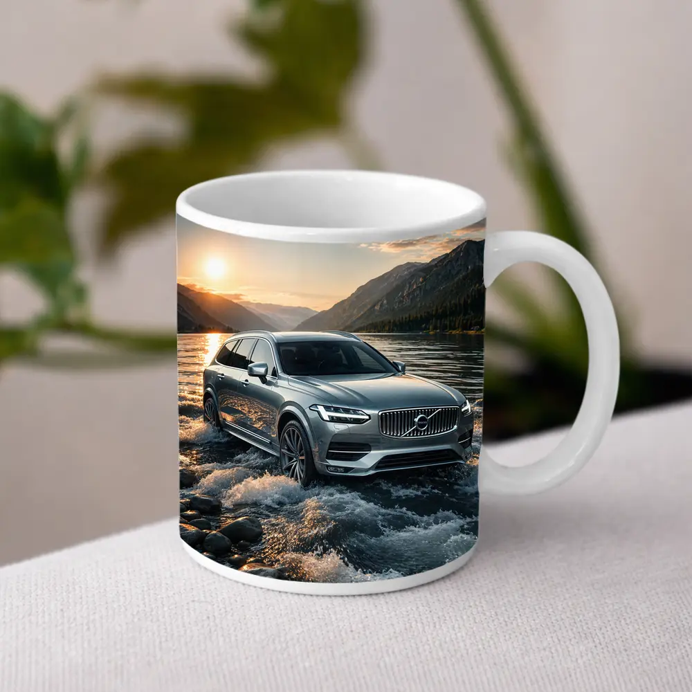 Volvo V90 Crossing River at Sunset – Mugs