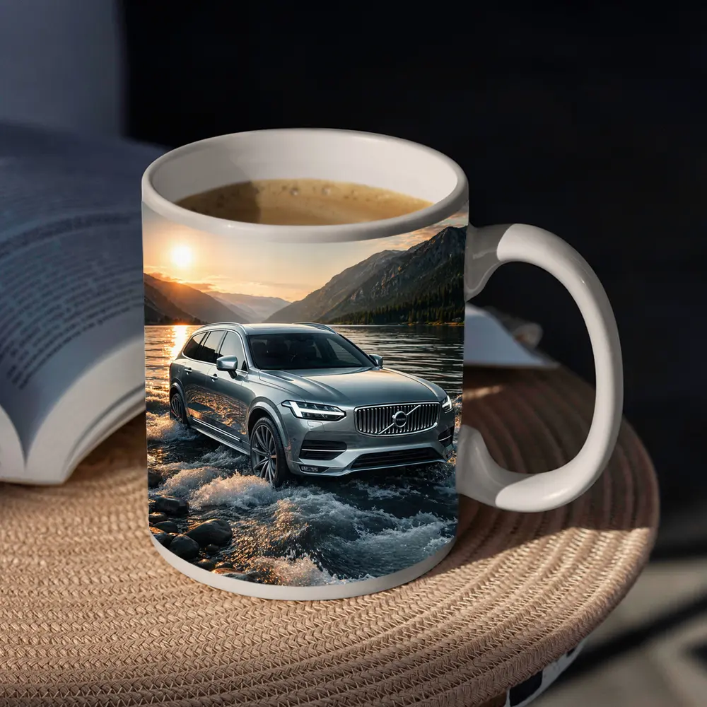 Volvo V90 Crossing River at Sunset – Mugs