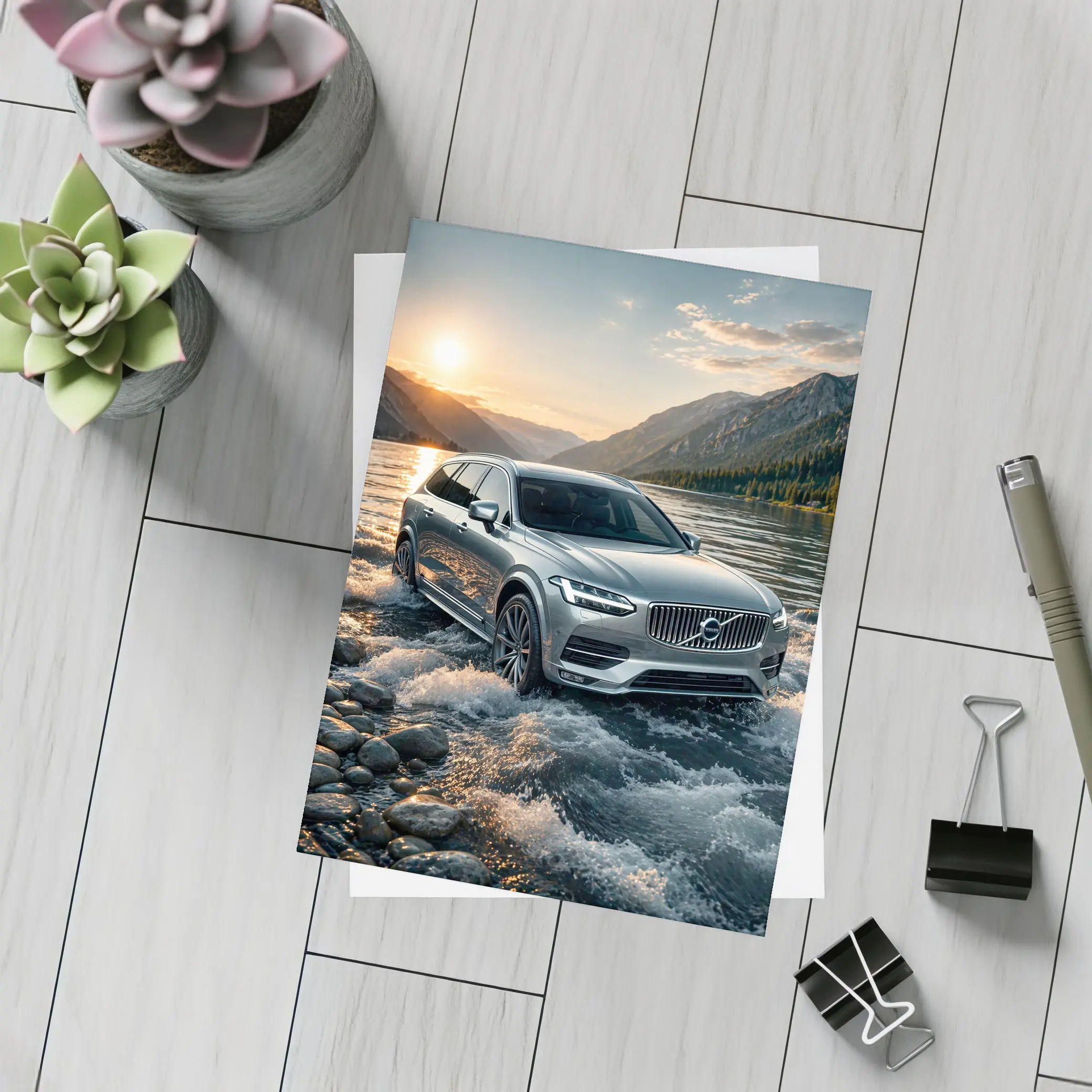 Volvo V90 Crossing River at Sunset – Postcards