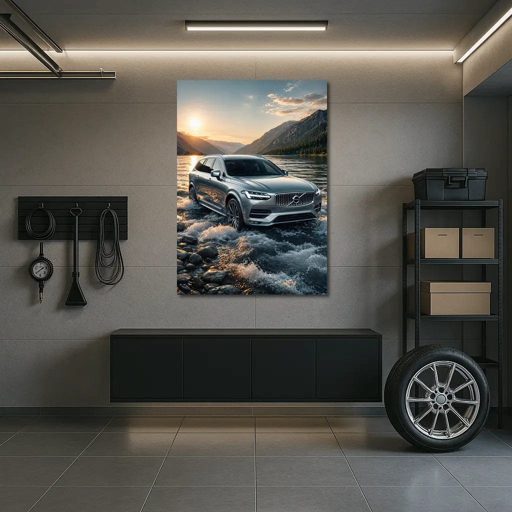 Volvo V90 Crossing River at Sunset – Wall Art