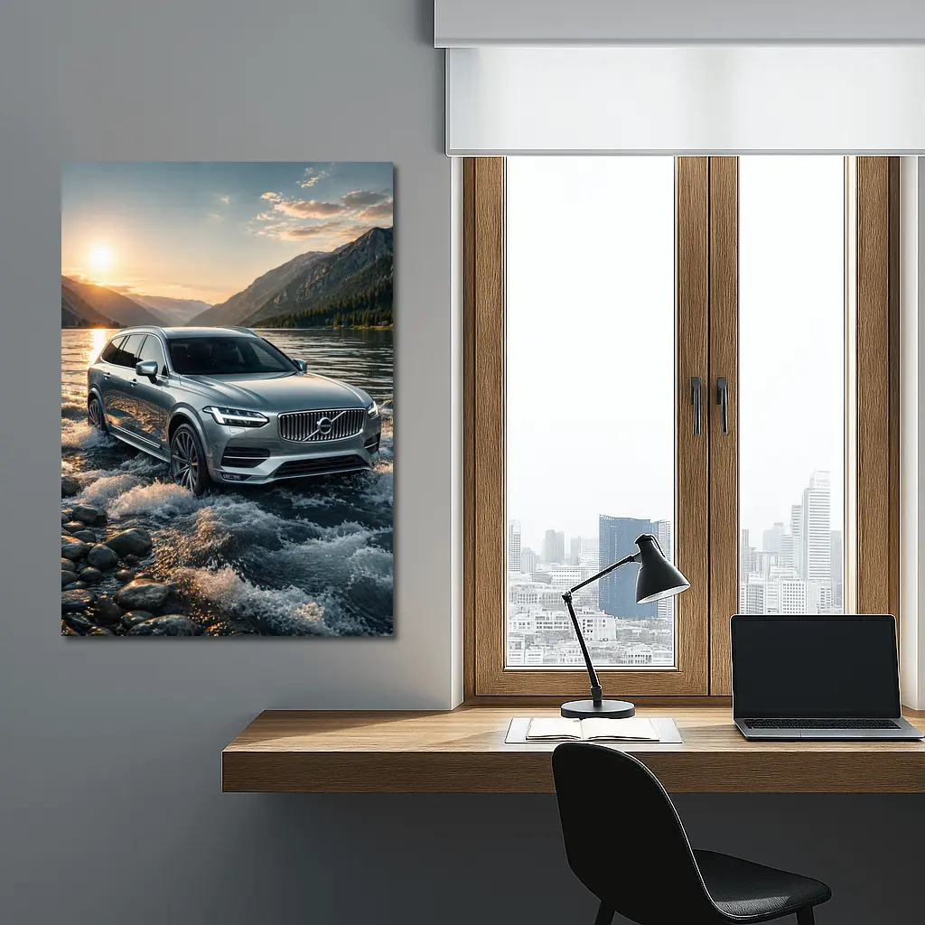 Volvo V90 Crossing River at Sunset – Wall Art