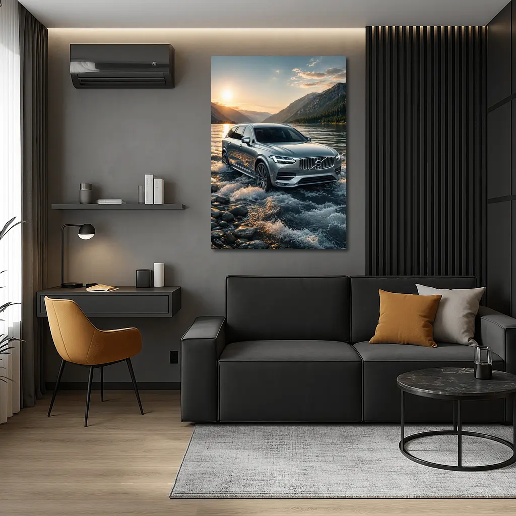Volvo V90 Crossing River at Sunset – Wall Art