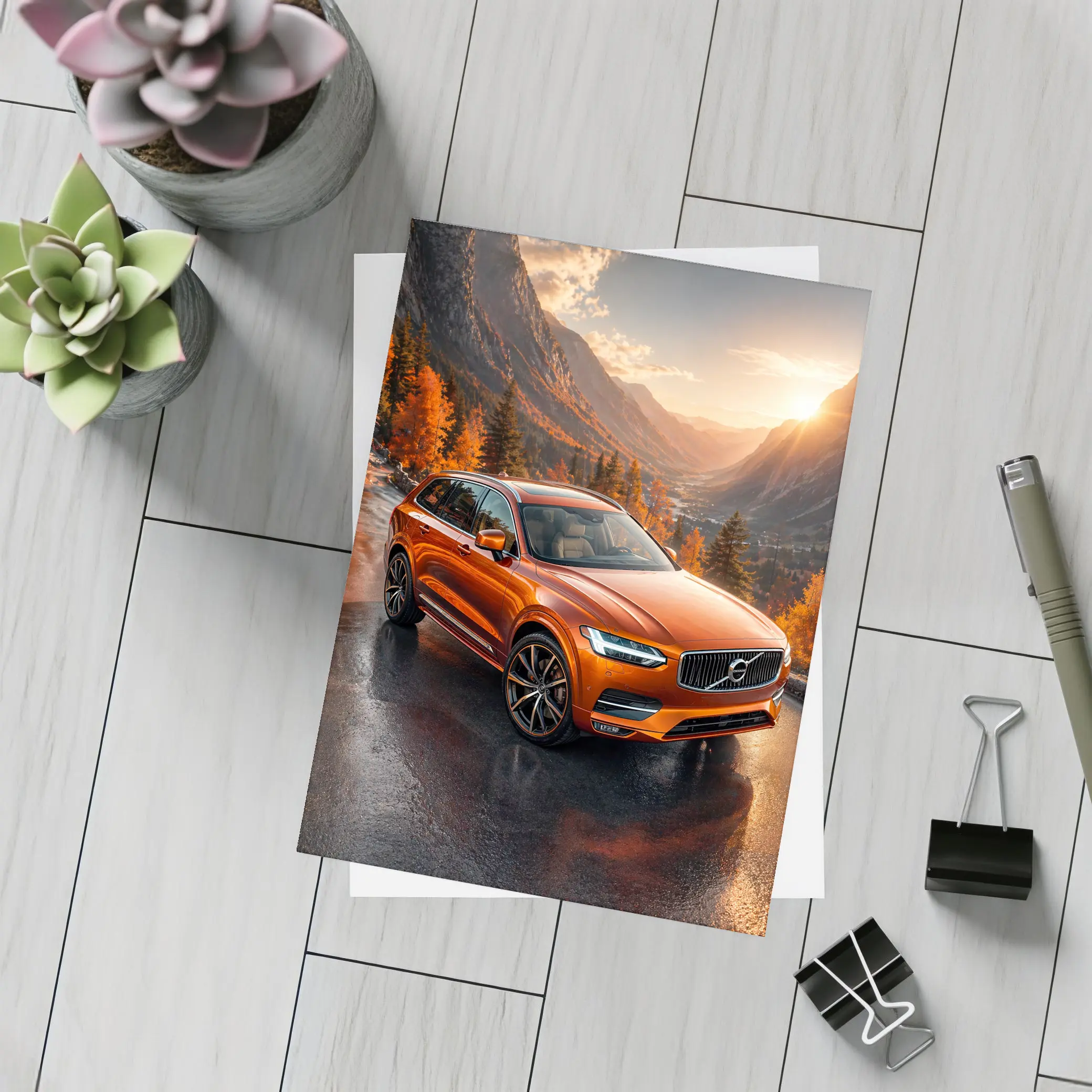 Volvo XC90 Orange SUV Mountain Sunset Road – Postcards