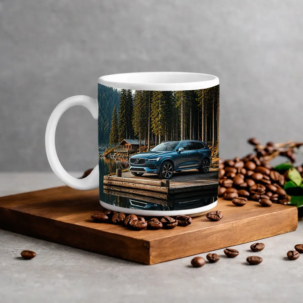 Volvo XC60 Parked on Lakeside Forest Dock – Mugs