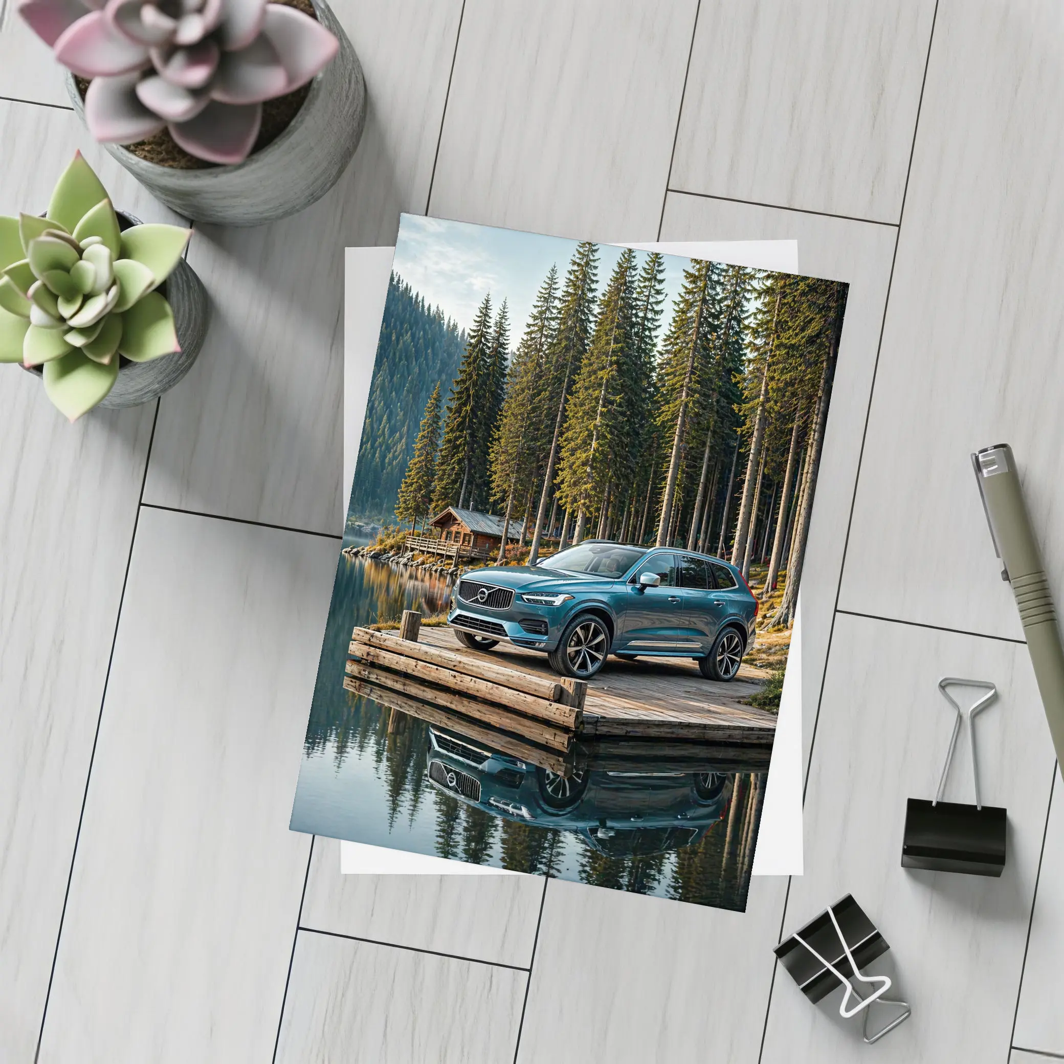 Volvo XC60 Parked on Lakeside Forest Dock – Postcards