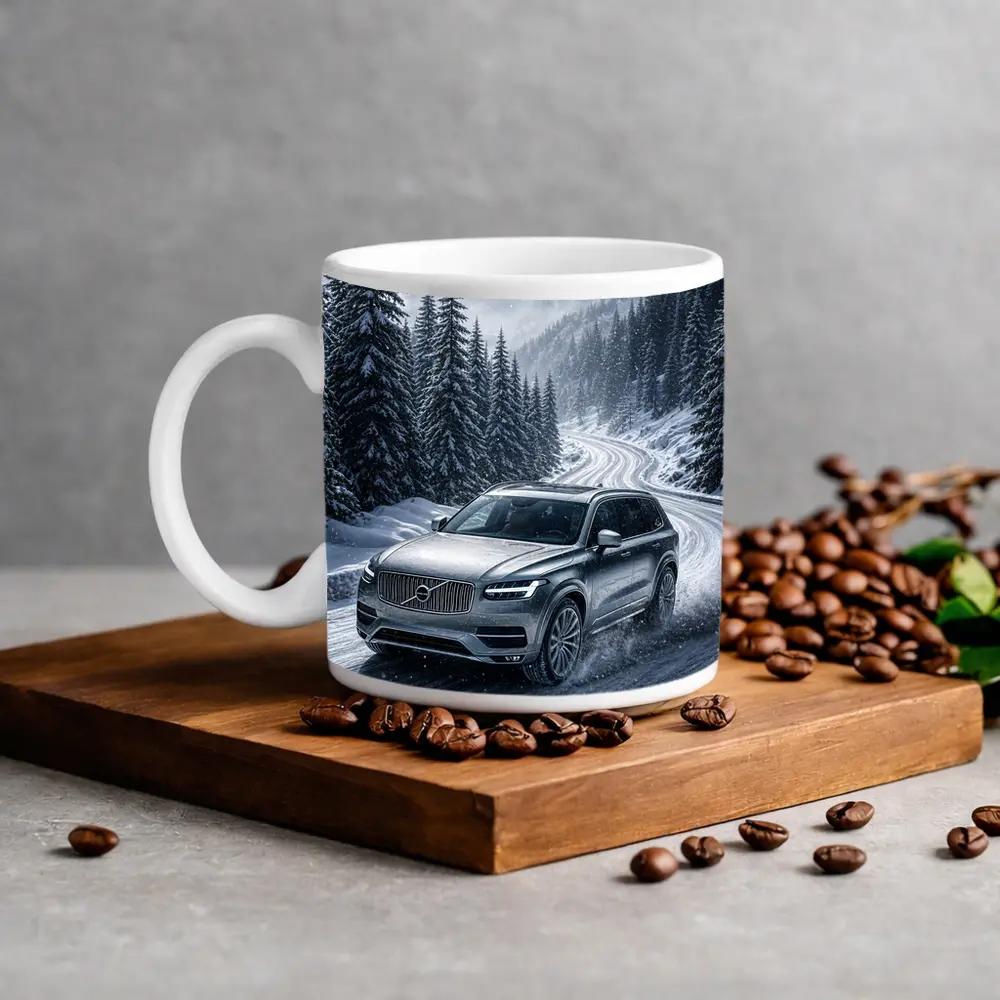 Volvo XC90 SUV Drifting Snowy Mountain Road – Mugs
