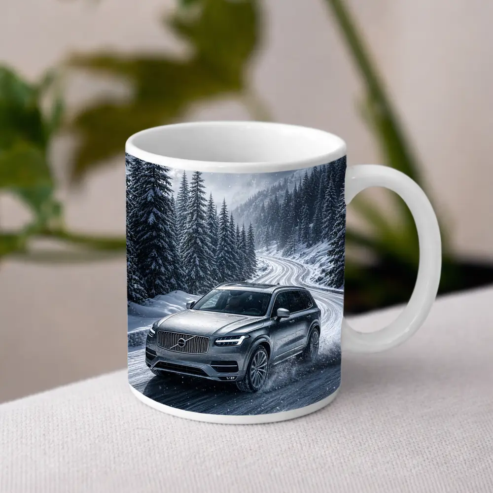 Volvo XC90 SUV Drifting Snowy Mountain Road – Mugs