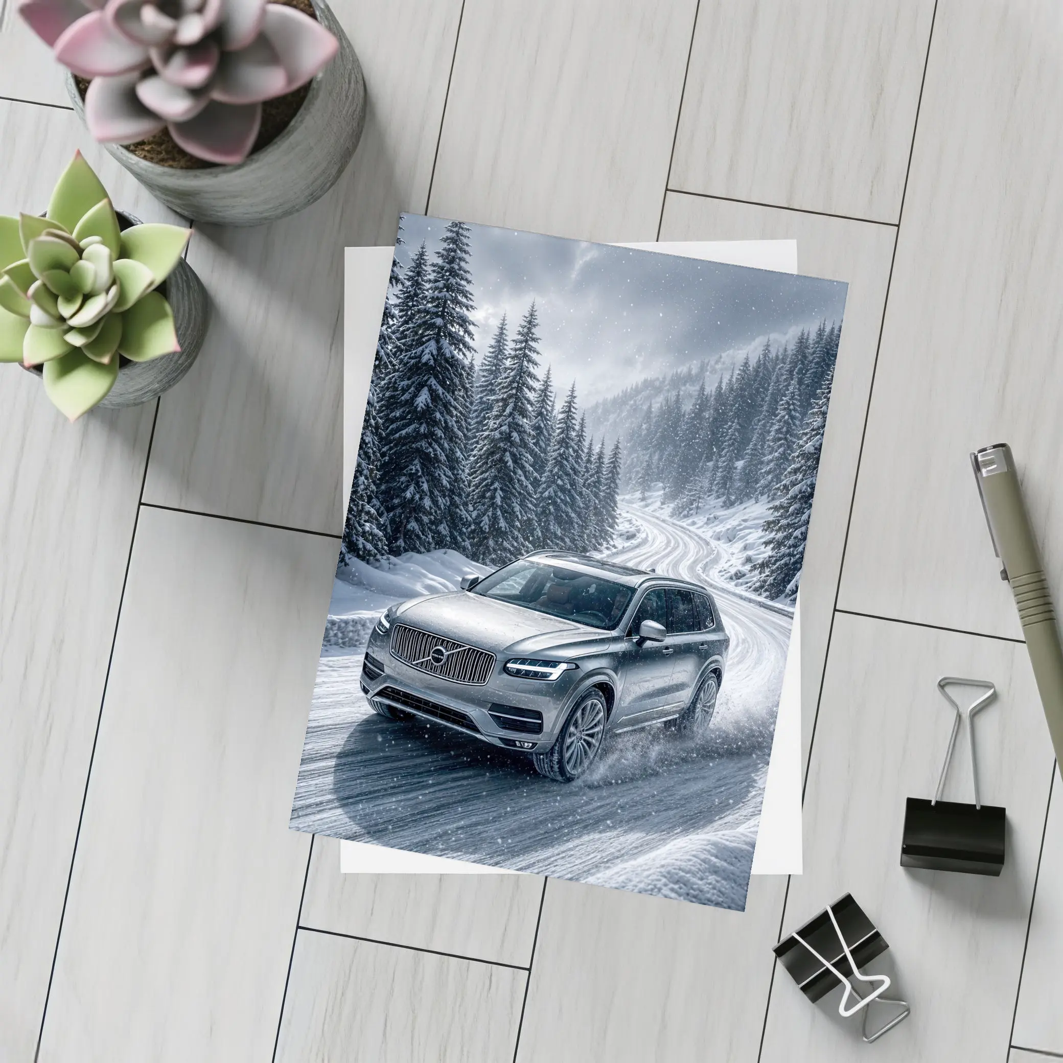 Volvo XC90 SUV Drifting Snowy Mountain Road – Postcards