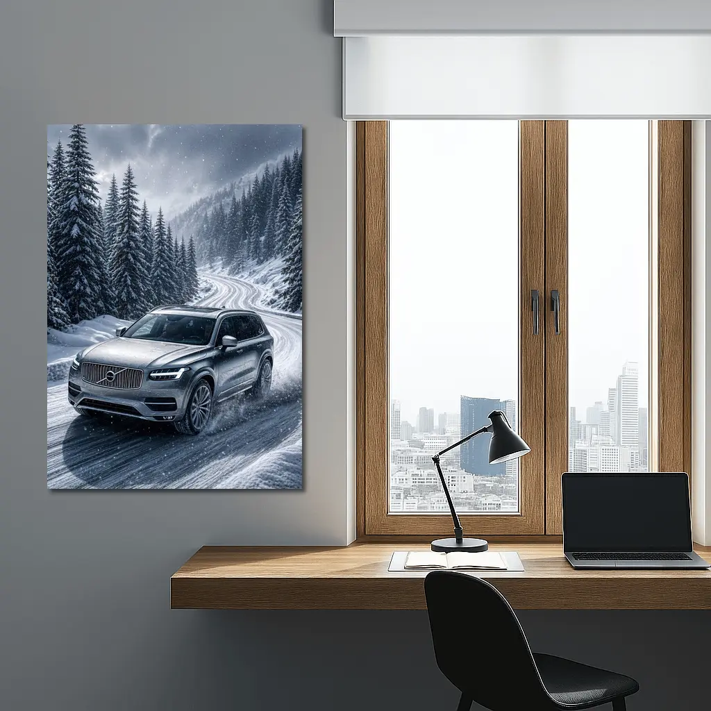 Volvo XC90 SUV Drifting Snowy Mountain Road – Wall Art