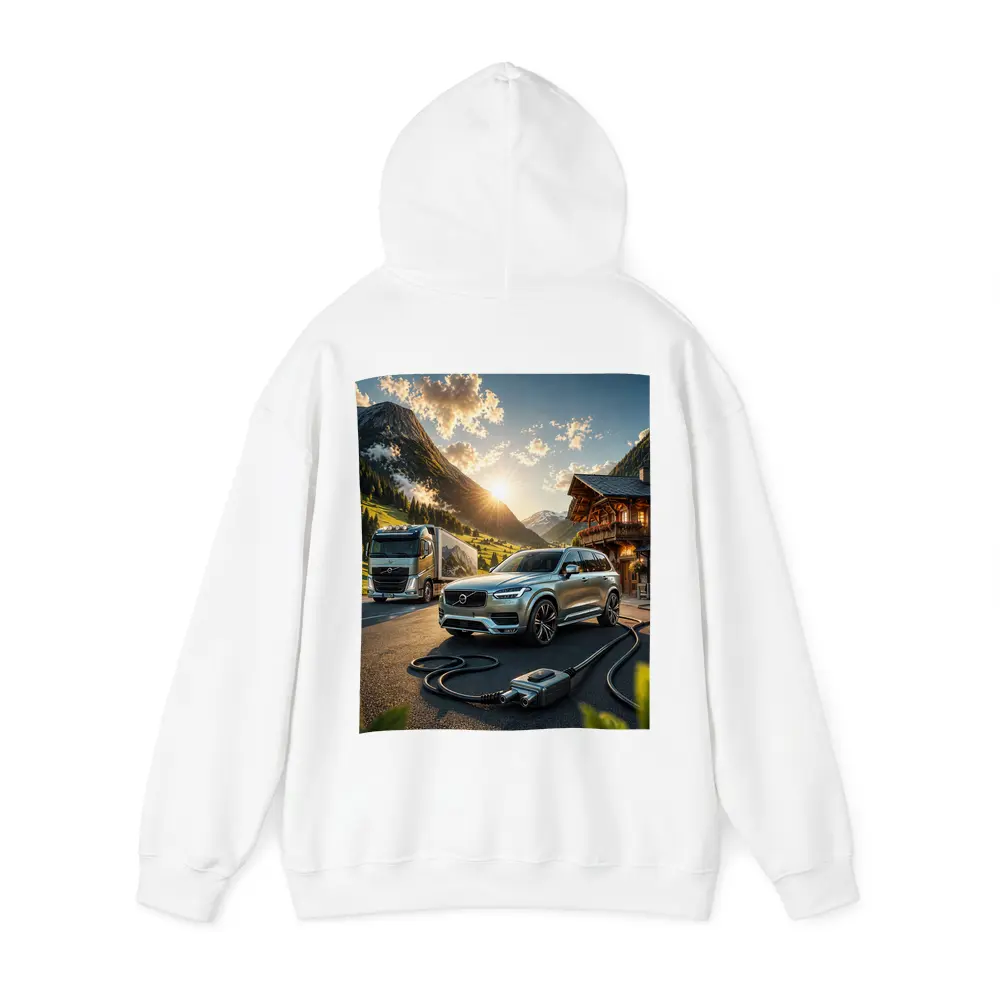 Volvo XC90 Charging Mountain Sunset Scene – Hoodies