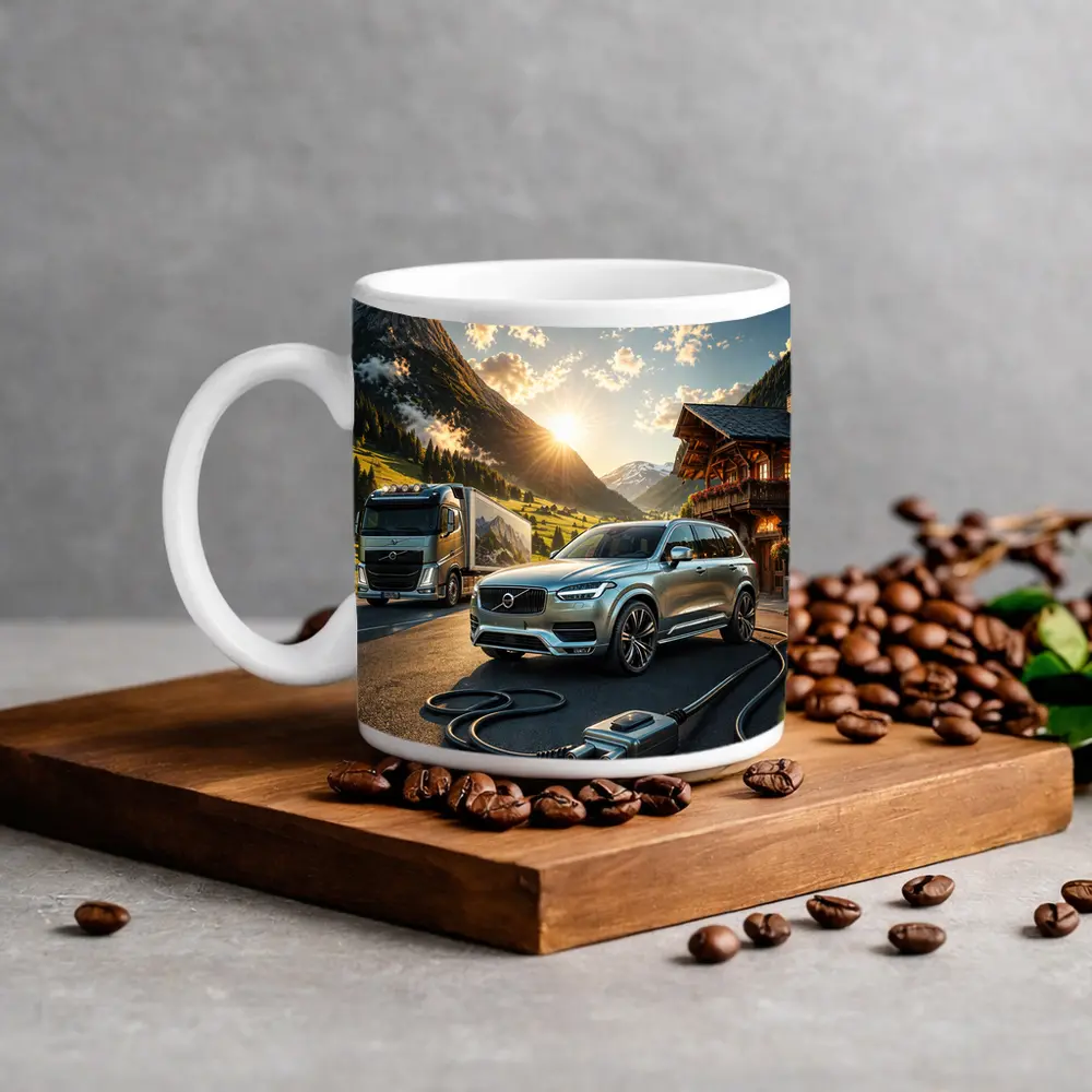 Volvo XC90 Charging Mountain Sunset Scene – Mugs