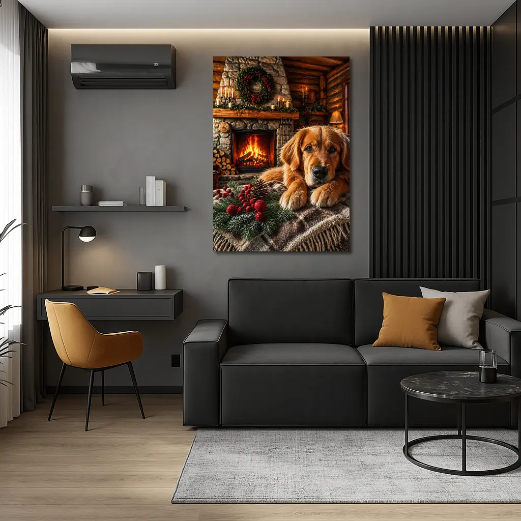 Golden Retriever Resting by Christmas Fireplace – Wall Art