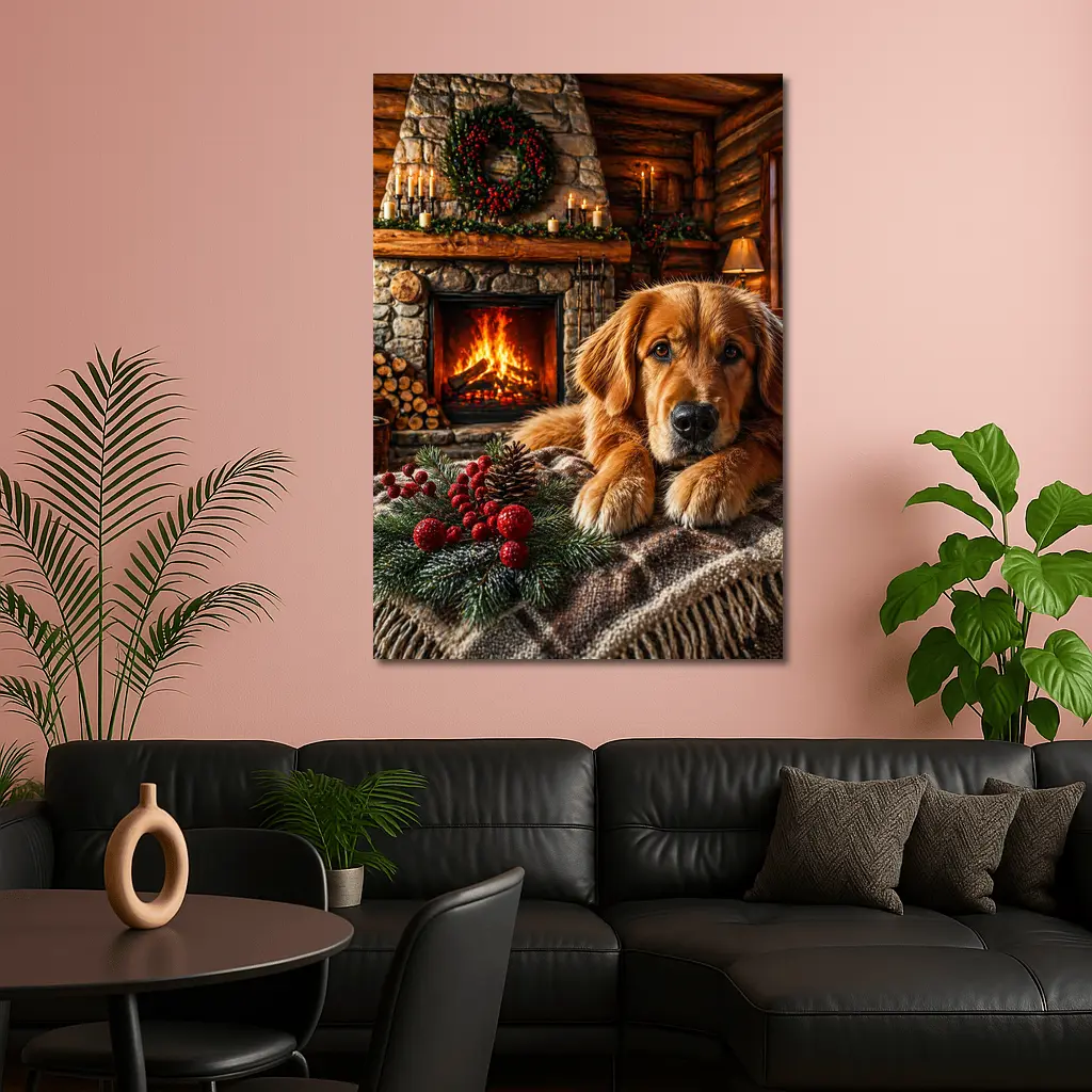 Golden Retriever Resting by Christmas Fireplace – Wall Art