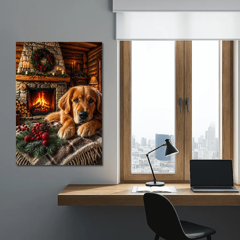 Golden Retriever Resting by Christmas Fireplace – Wall Art
