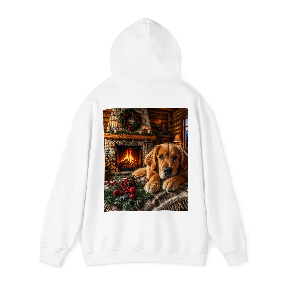 Golden Retriever Resting by Christmas Fireplace – Hoodies