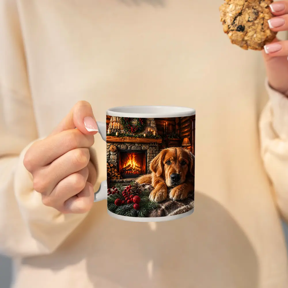 Golden Retriever Resting by Christmas Fireplace – Mugs