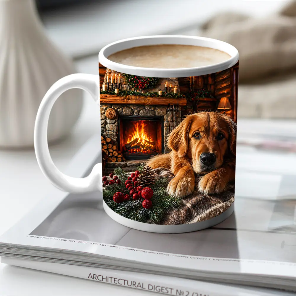 Golden Retriever Resting by Christmas Fireplace – Mugs
