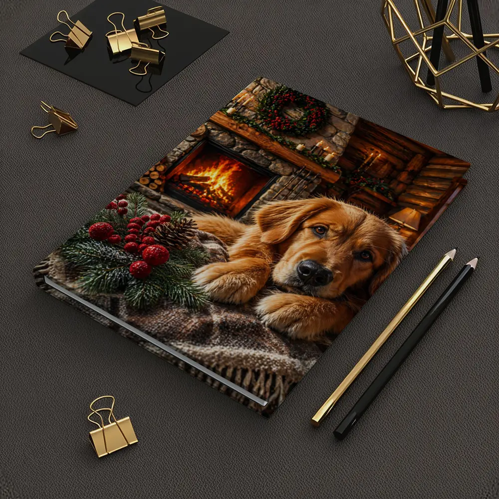 Golden Retriever Resting by Christmas Fireplace – Notebooks