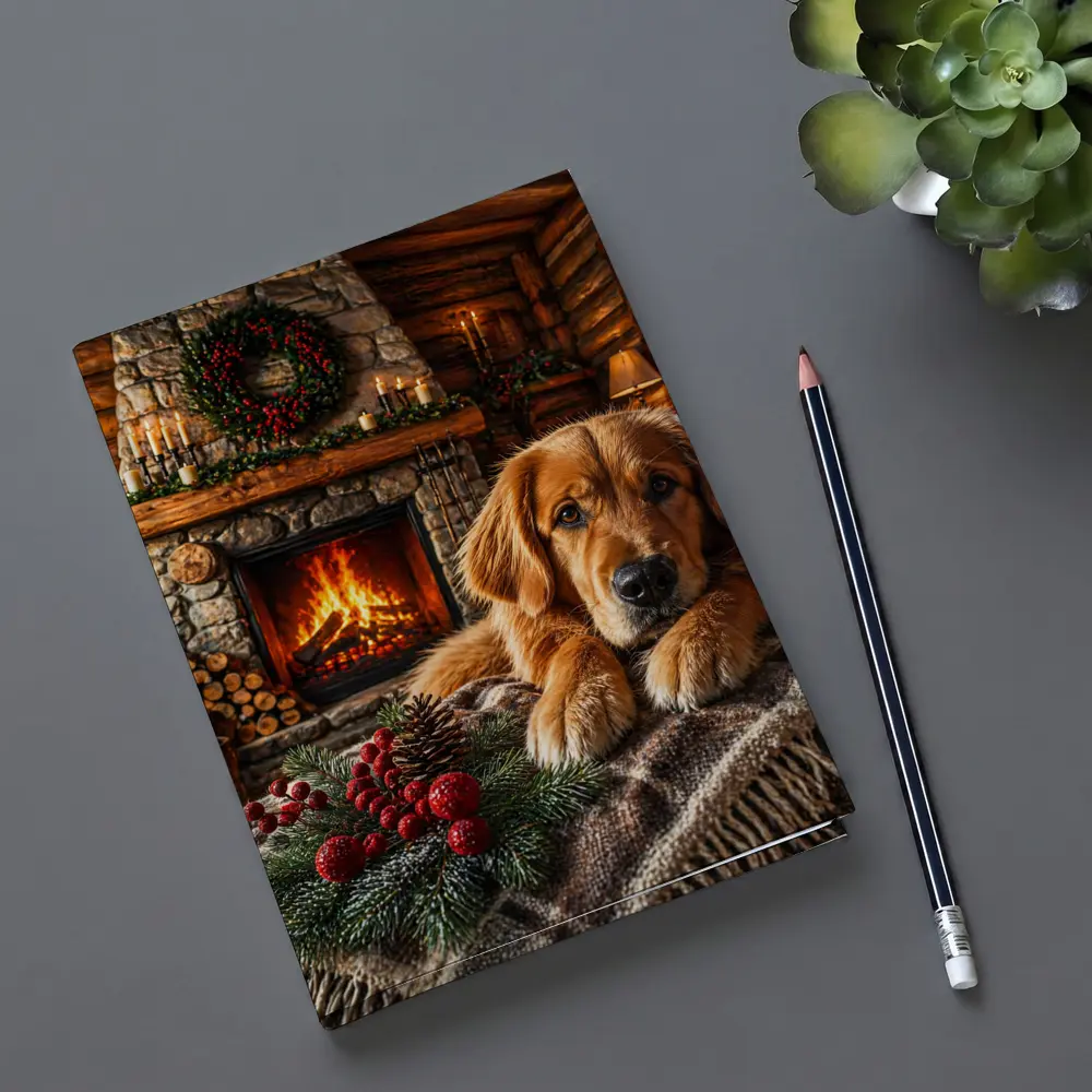 Golden Retriever Resting by Christmas Fireplace – Notebooks