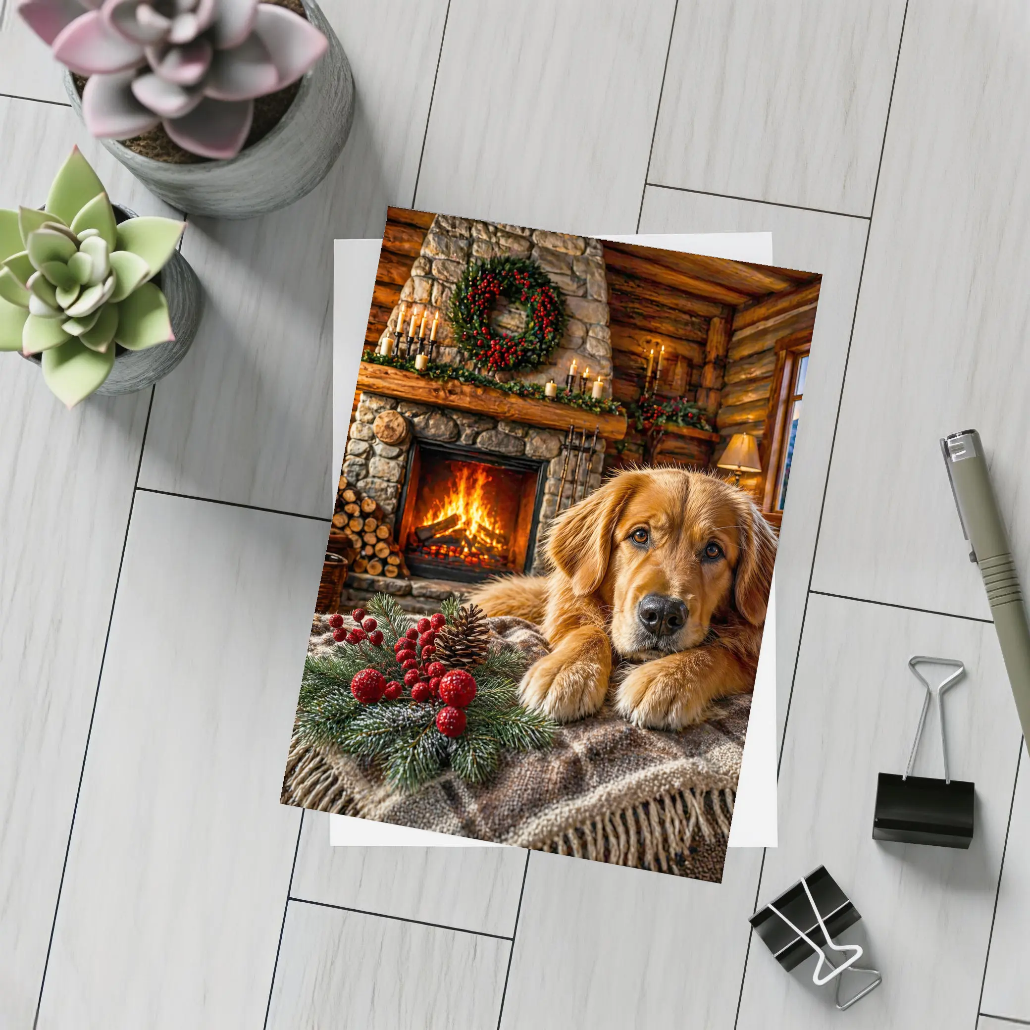 Golden Retriever Resting by Christmas Fireplace – Postcards