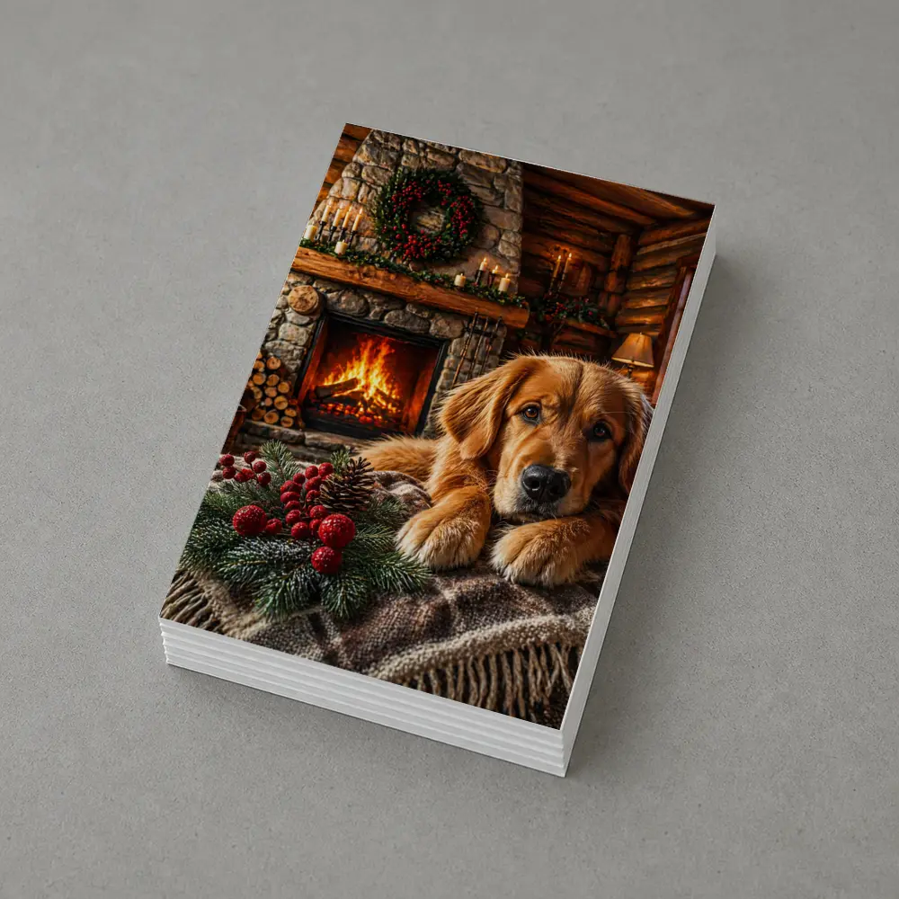 Golden Retriever Resting by Christmas Fireplace – Postcards