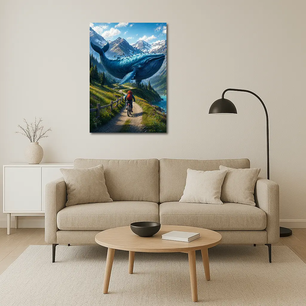 Giant Blue Whale Cyclist Mountain Trail Surreal – Wall Art
