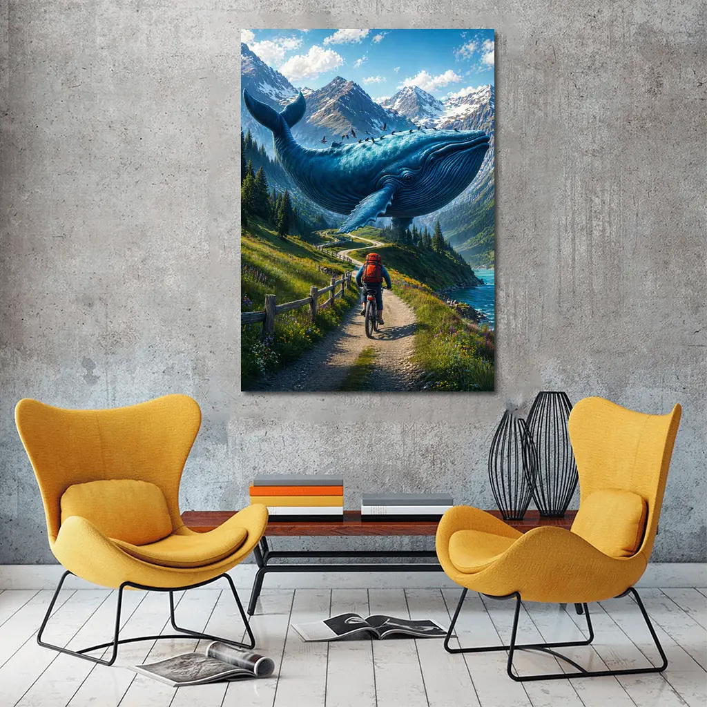 Giant Blue Whale Cyclist Mountain Trail Surreal – Wall Art