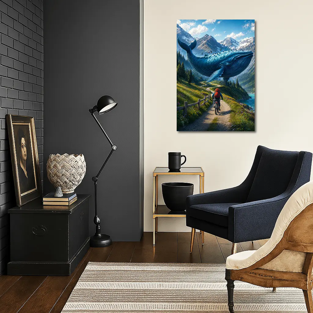 Giant Blue Whale Cyclist Mountain Trail Surreal – Wall Art