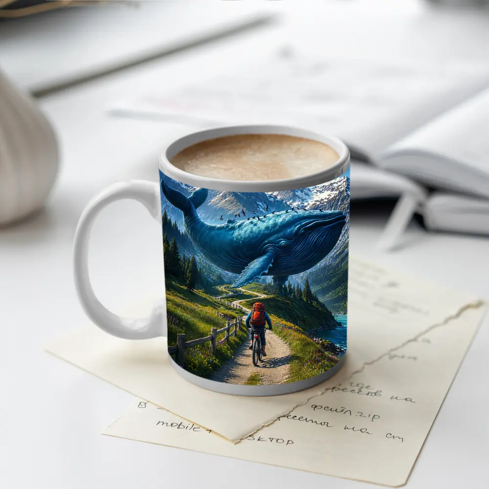Giant Blue Whale Cyclist Mountain Trail Surreal – Mugs