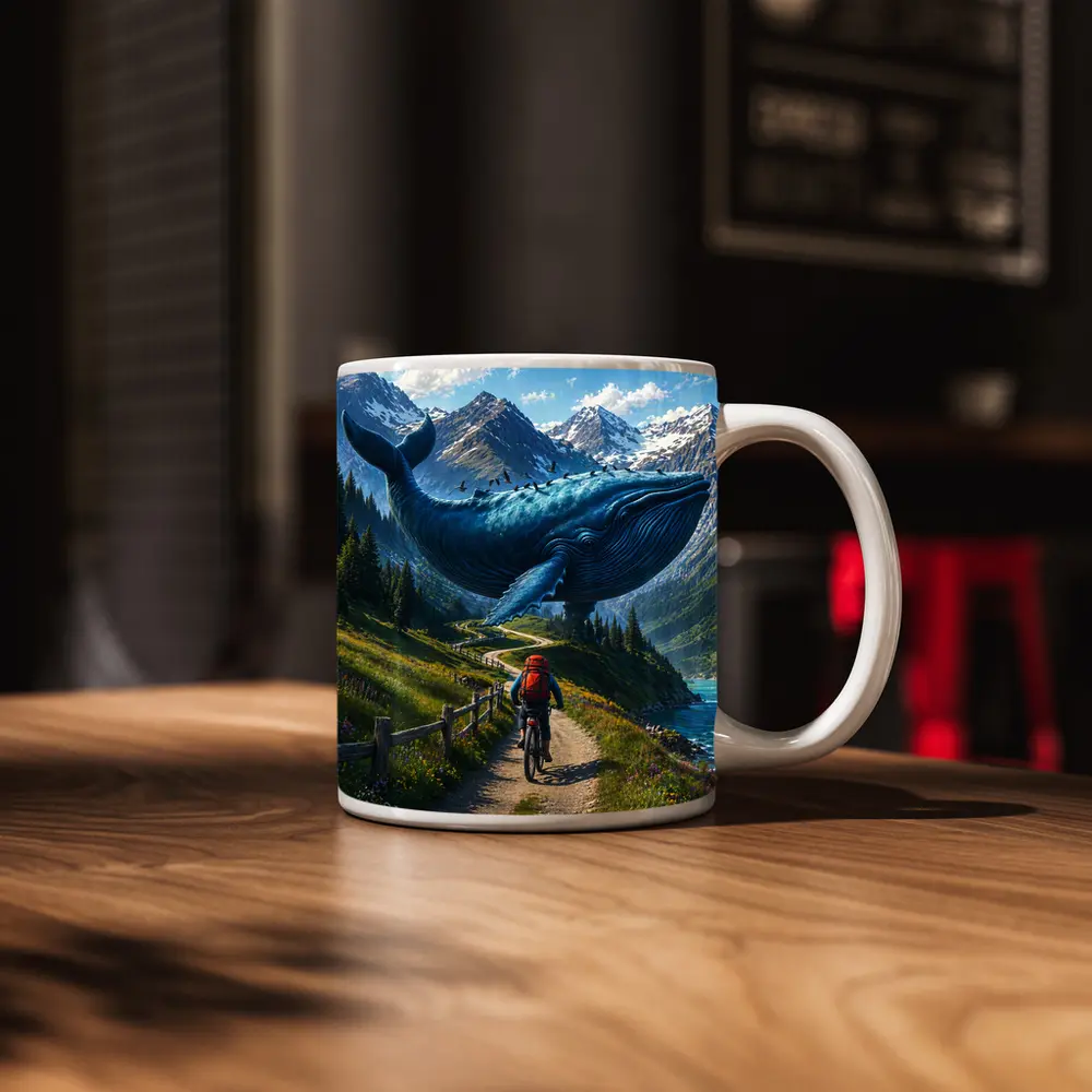 Giant Blue Whale Cyclist Mountain Trail Surreal – Mugs