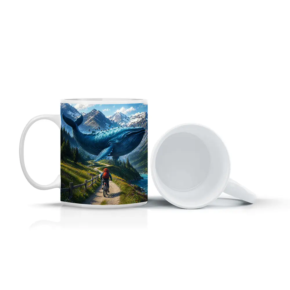 Giant Blue Whale Cyclist Mountain Trail Surreal – Mugs