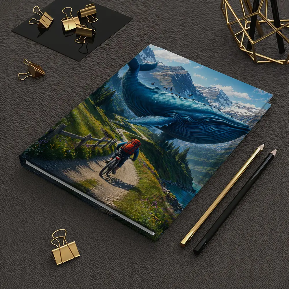 Giant Blue Whale Cyclist Mountain Trail Surreal – Notebooks