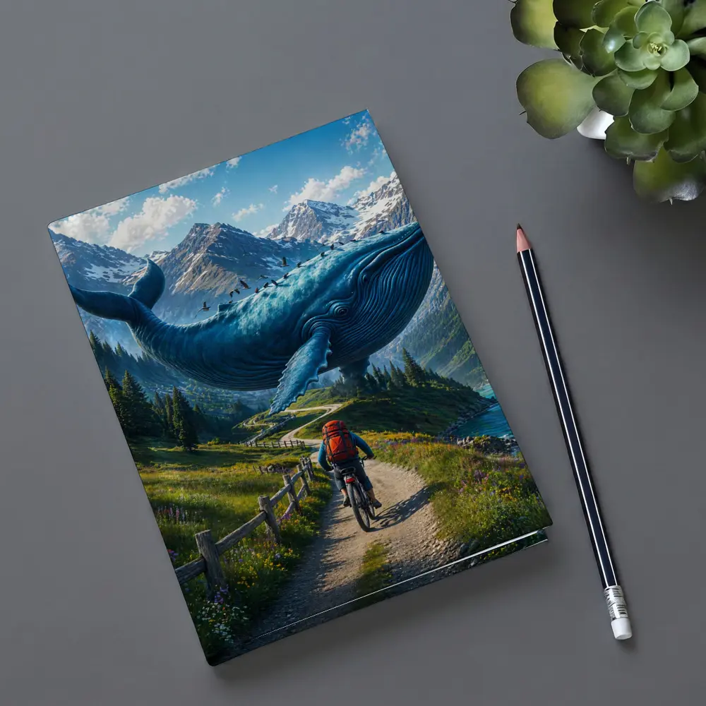 Giant Blue Whale Cyclist Mountain Trail Surreal – Notebooks