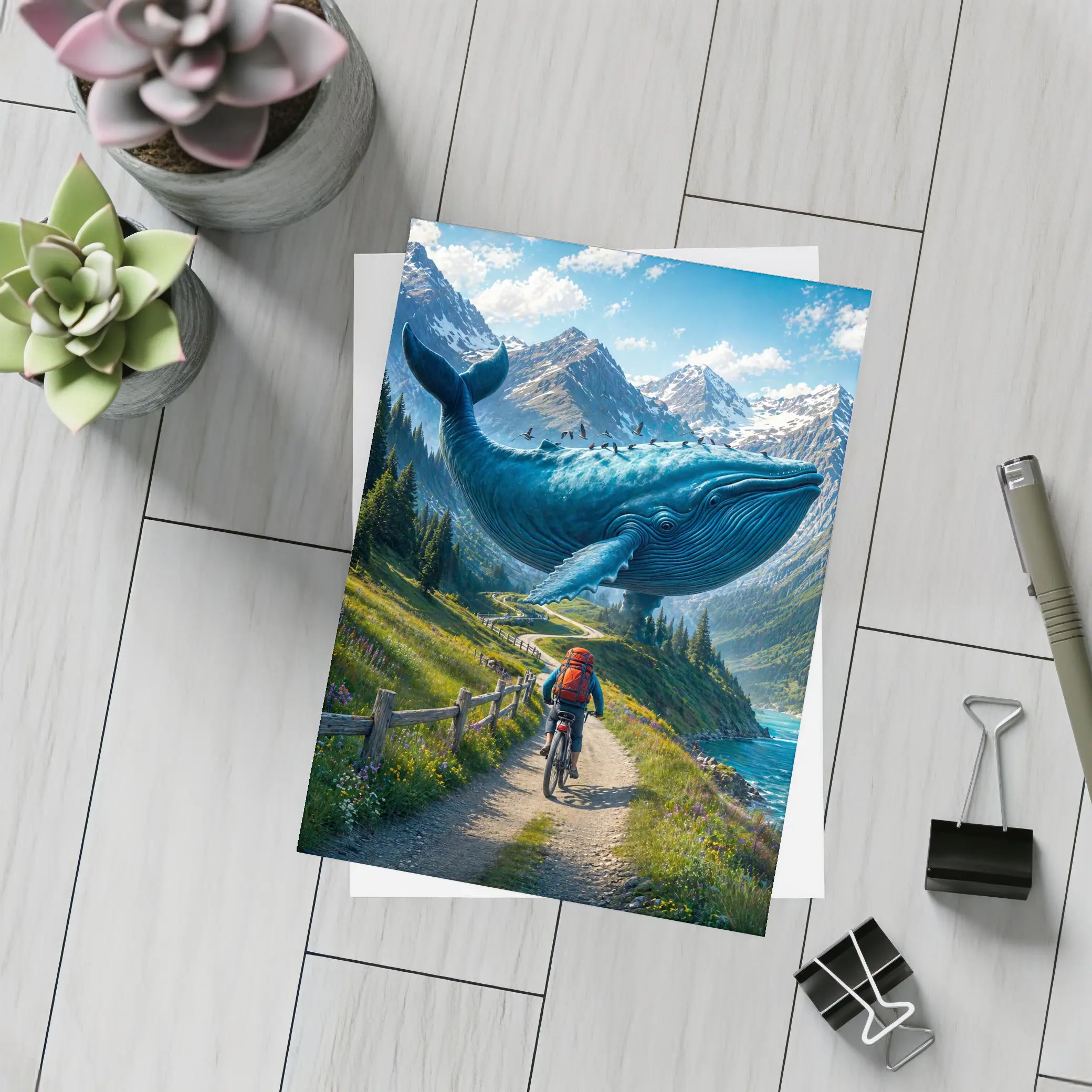 Giant Blue Whale Cyclist Mountain Trail Surreal – Postcards