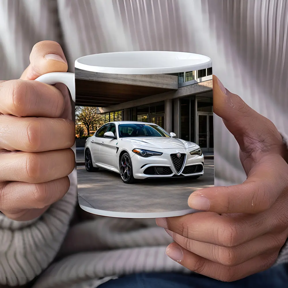 Alfa Romeo Giulia White Urban Architecture Setting – Mugs