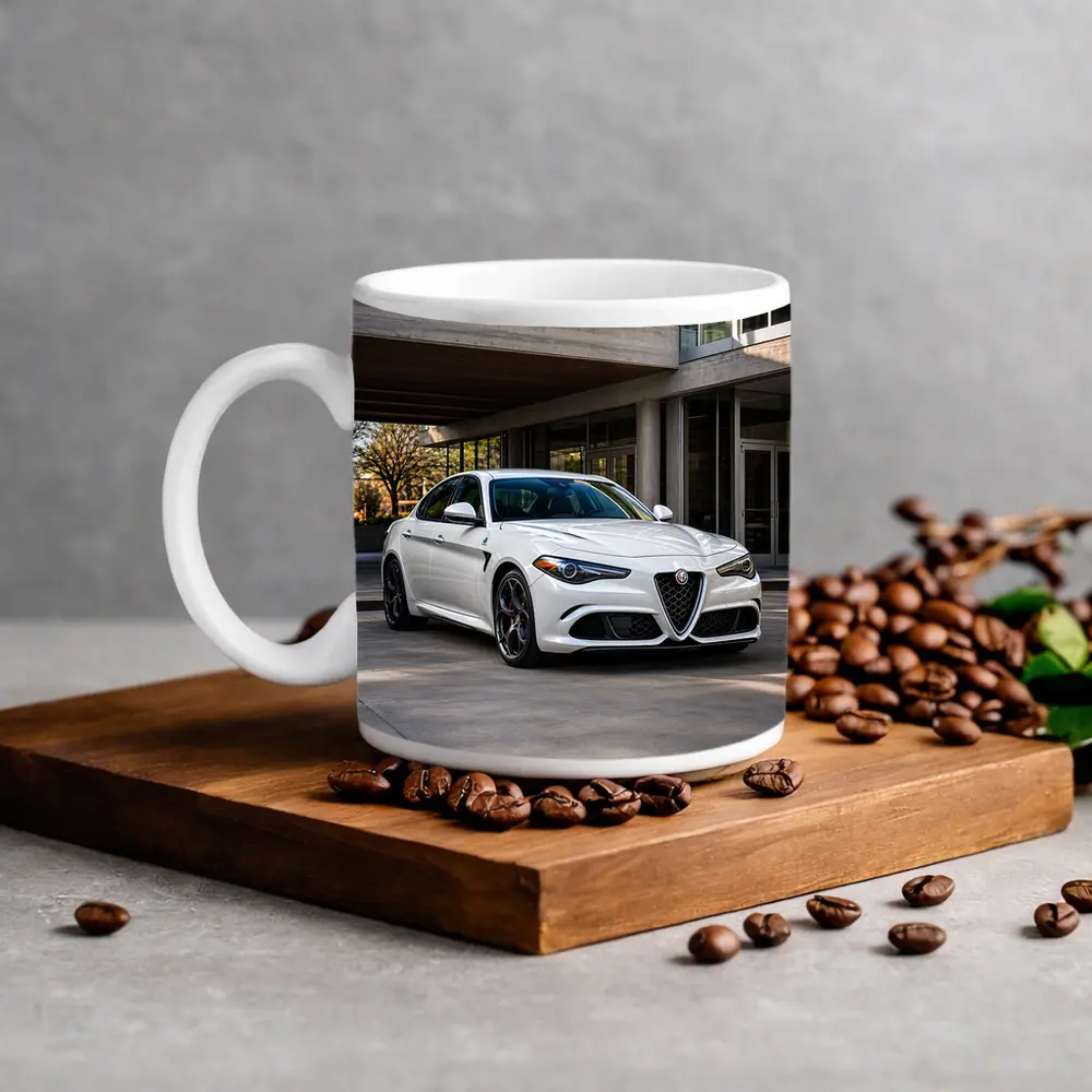 Alfa Romeo Giulia White Urban Architecture Setting – Mugs