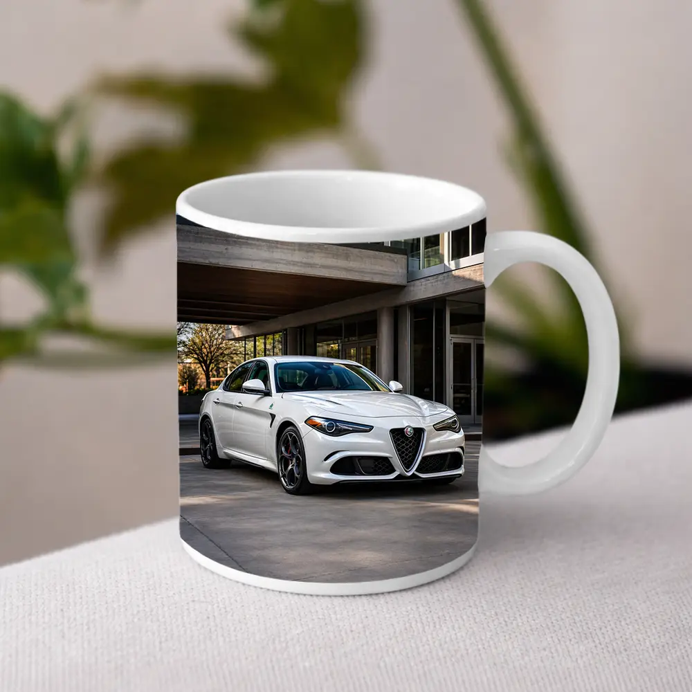 Alfa Romeo Giulia White Urban Architecture Setting – Mugs