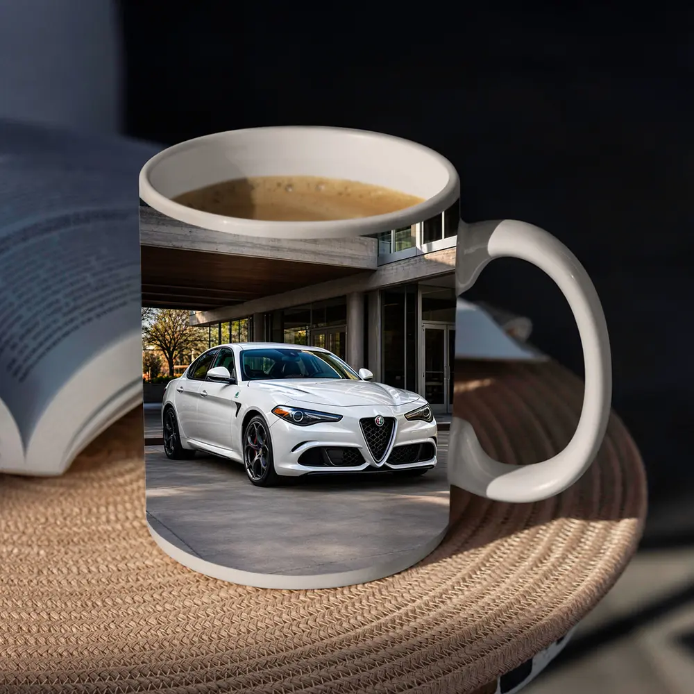 Alfa Romeo Giulia White Urban Architecture Setting – Mugs