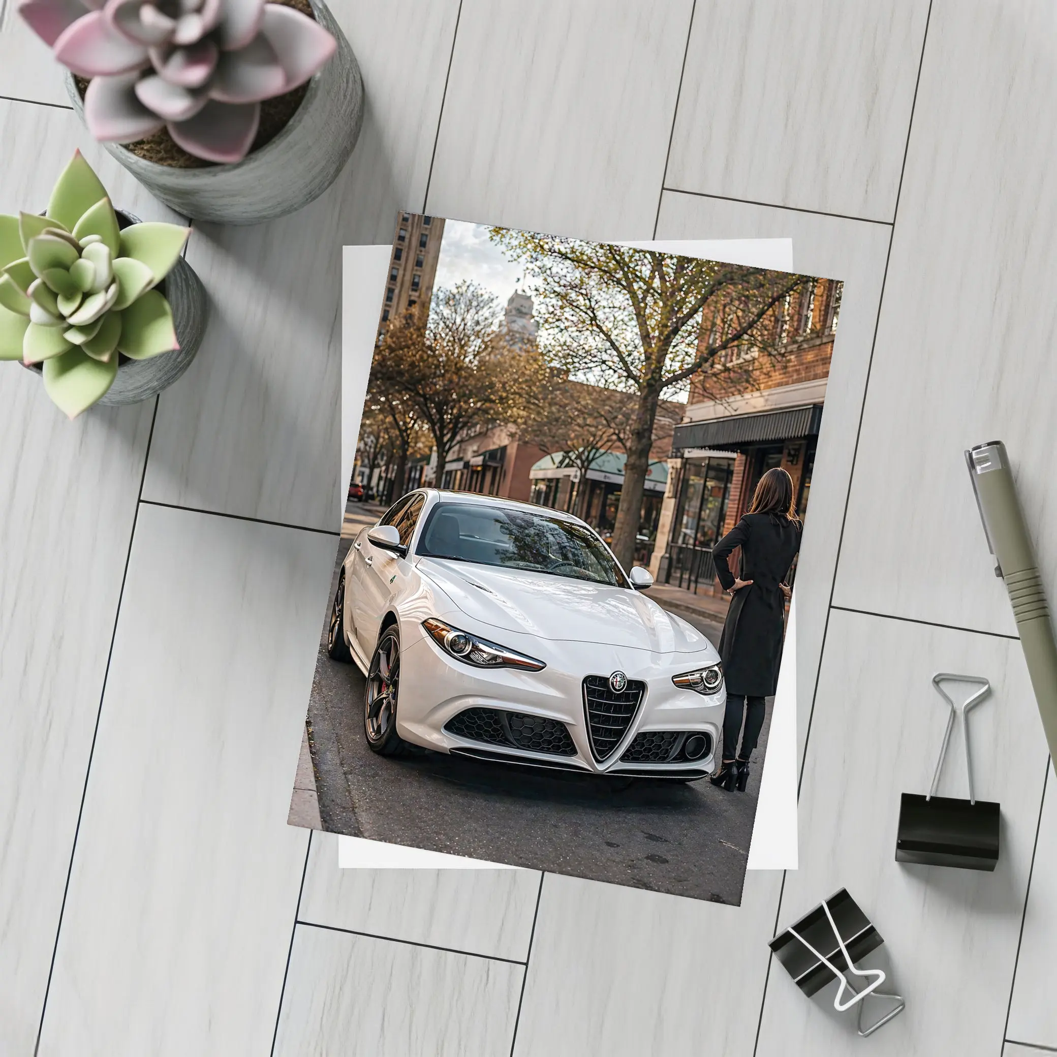 Alfa Romeo Giulia White Urban Street Scene – Postcards