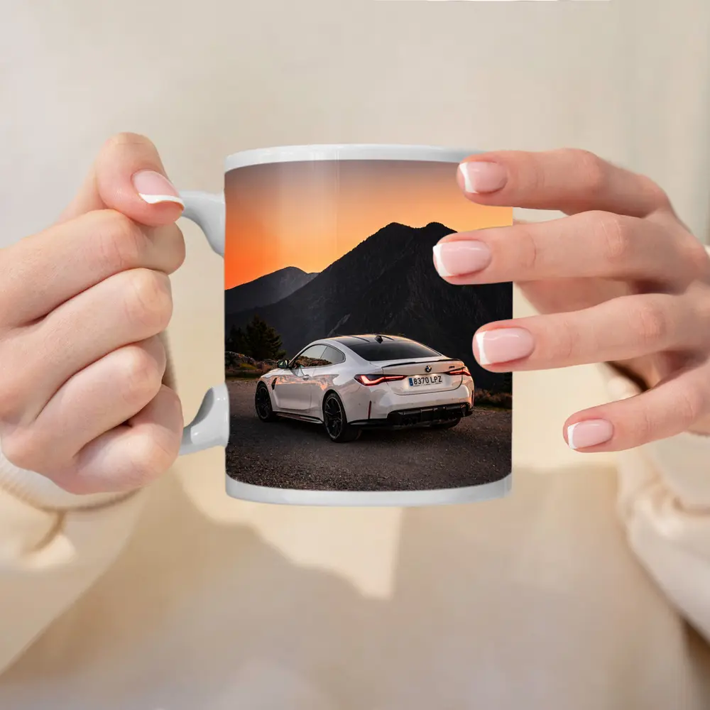 BMW M4 White Coupe Mountain Sunset – Mugs