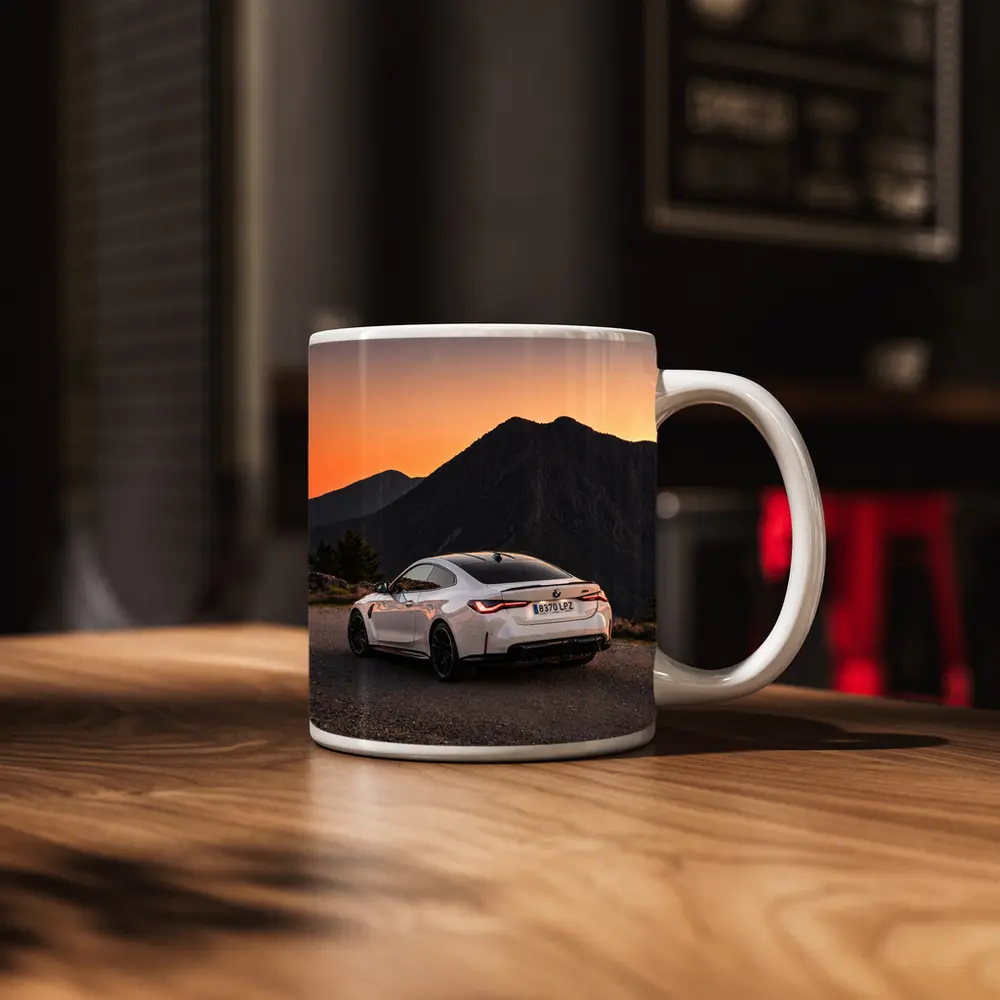 BMW M4 White Coupe Mountain Sunset – Mugs
