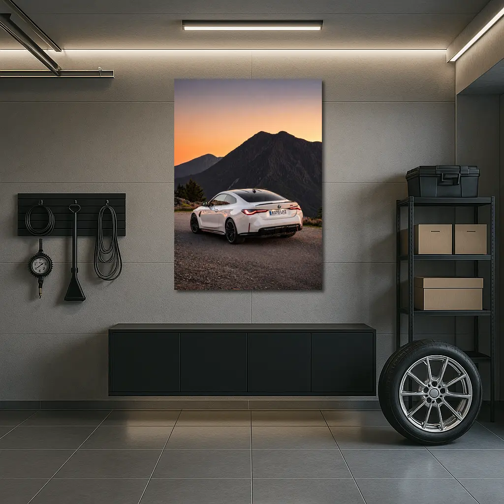 BMW M4 White Coupe Mountain Sunset – Wall Art