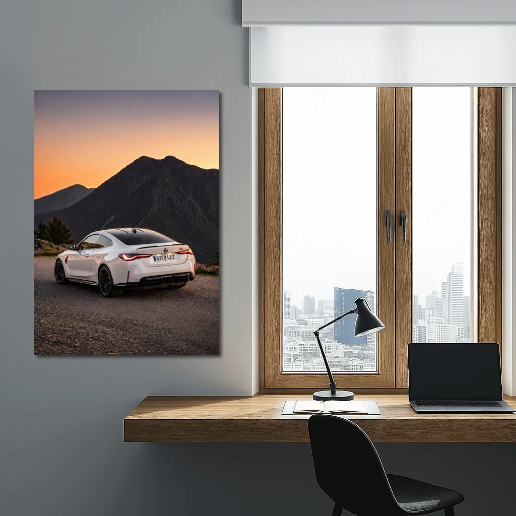 BMW M4 White Coupe Mountain Sunset – Wall Art