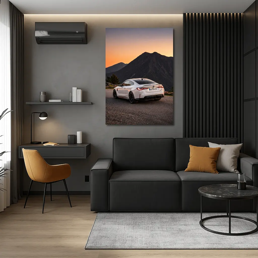BMW M4 White Coupe Mountain Sunset – Wall Art