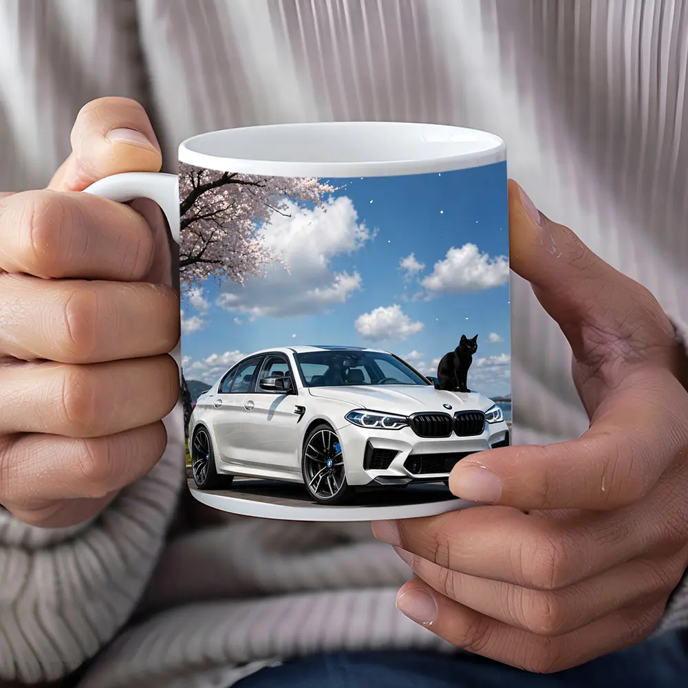 White BMW M5 Black Cat Cherry Blossoms – Mugs