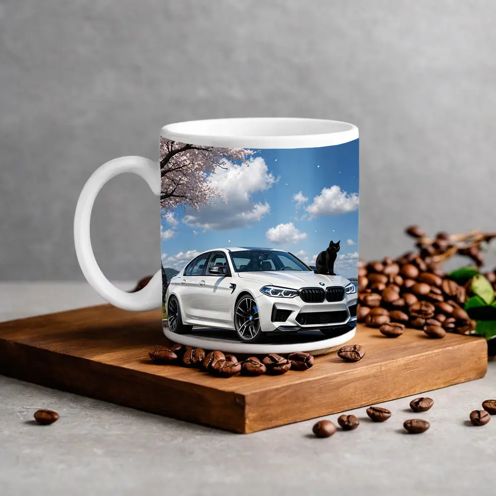 White BMW M5 Black Cat Cherry Blossoms – Mugs